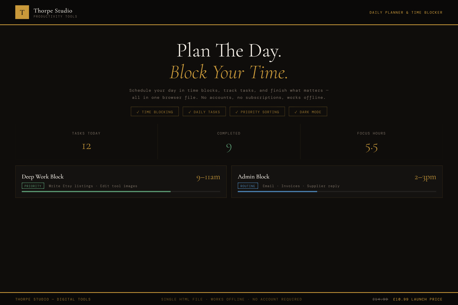 Thorpe Studio Daily Planner — dark mode browser tool